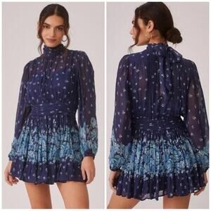 Anthropologie Let Me Be Mock Neck Sheer Mini Dress Blue Floral Size M. NEW